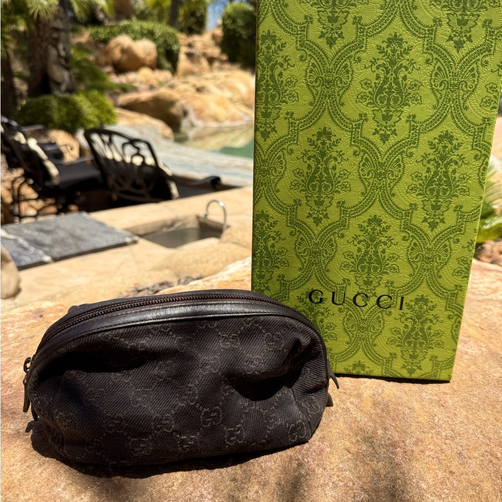 Black denim canvas authentic GUCCI leather cosmetic travel case bag